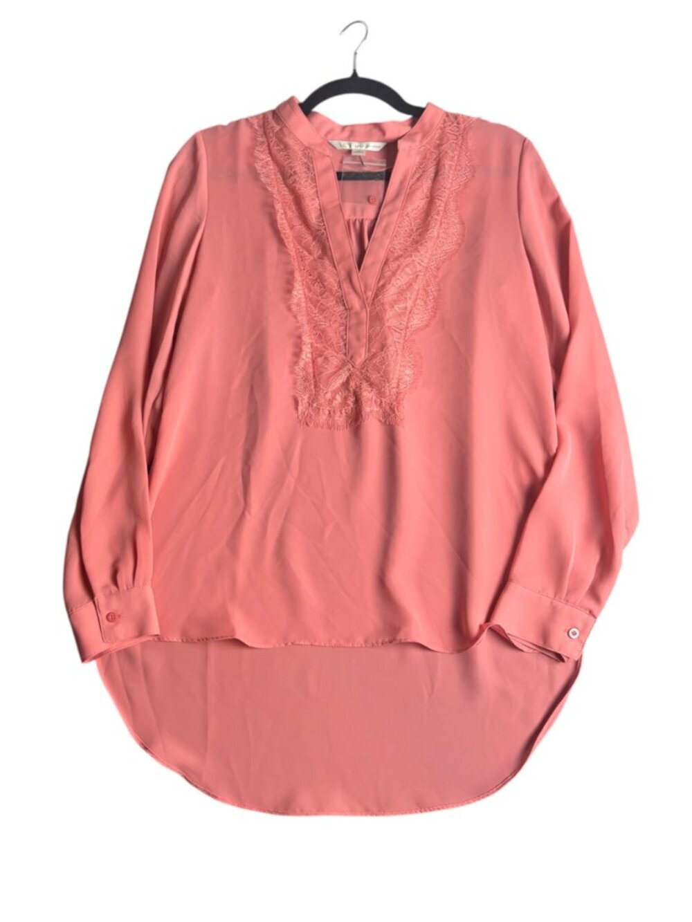 LC Lauren Conrad Size M Blouse Top Pink Lace Chiffon Semi Sheer V Neck Office - Picture 2 of 8
